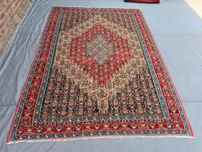 6'5x9'4 Persian-Style Mir Boteh Design Kilim | Hand-Woven Afghan Wool | Red & Navy Abrash Medallion