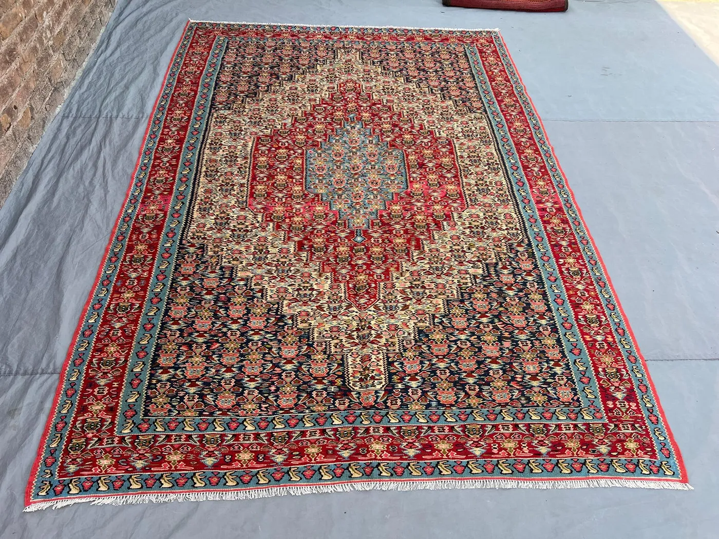 6'5x9'4 Persian-Style Mir Boteh Design Kilim | Hand-Woven Afghan Wool | Red & Navy Abrash Medallion