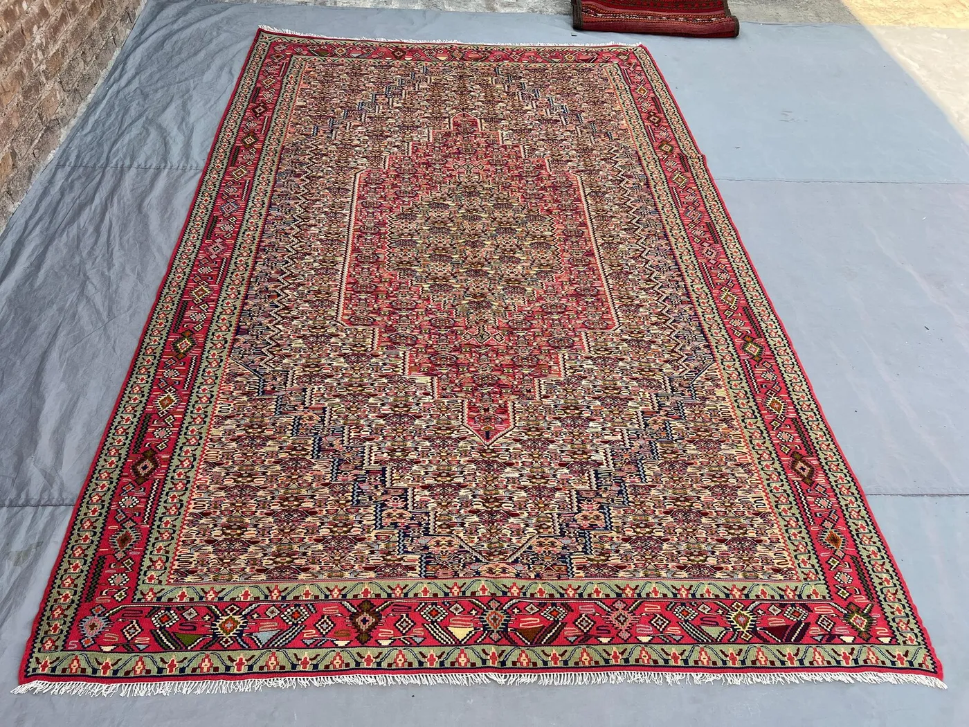 6'5x9'10 Persian-Style Mir Boteh Design Kilim | Hand-Woven Afghan Wool Flatweave | Hot Pink & Ivory Paisley Medallion