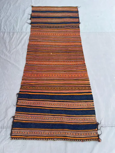 2'10x7'5 Vintage Afghan Tribal Striped Kilim Runner, Handwoven Orange Navy Blue Geometric Wool Flatweave Rug |