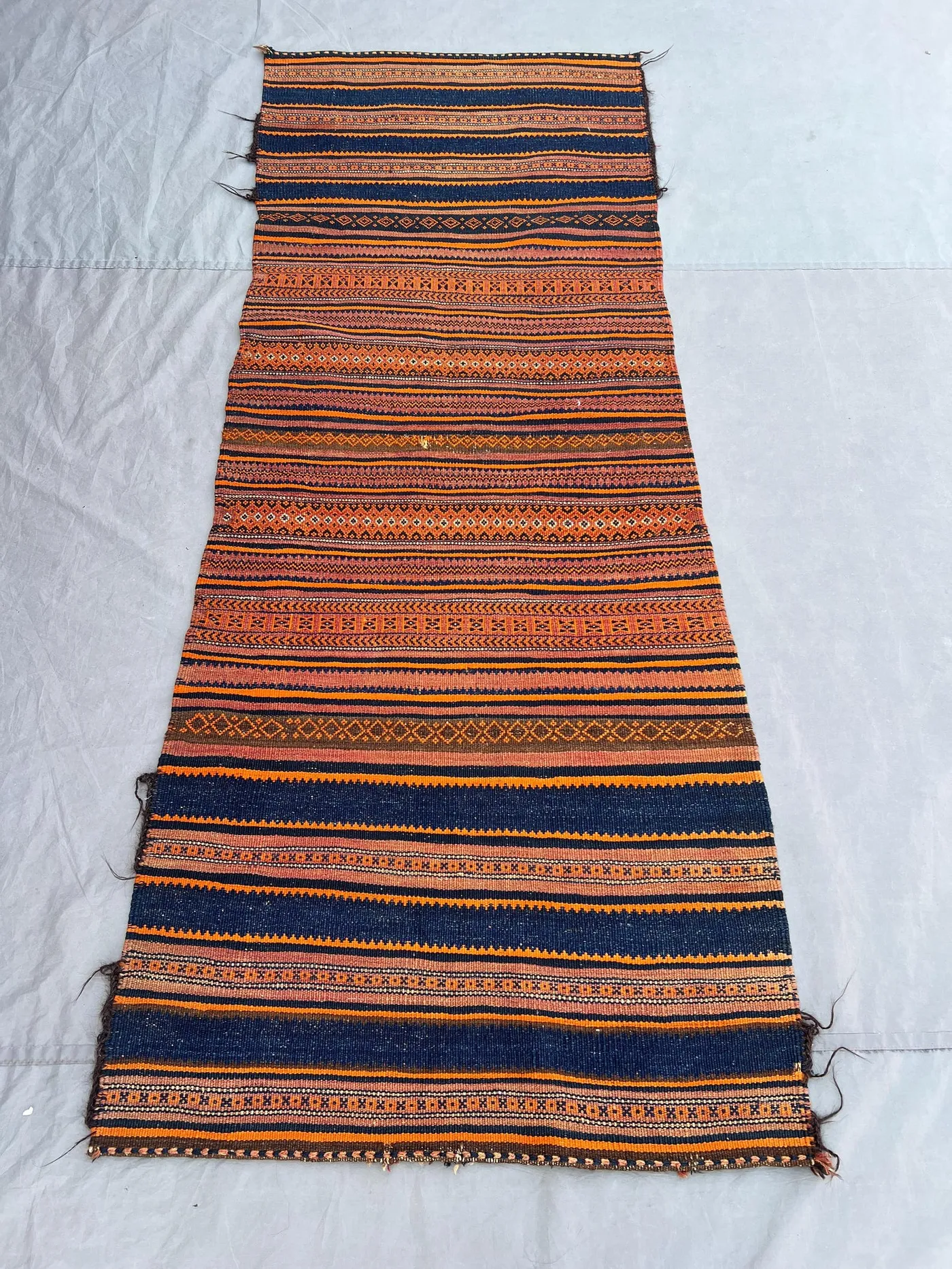 2'10x7'5 Vintage Afghan Tribal Striped Kilim Runner, Handwoven Orange Navy Blue Geometric Wool Flatweave Rug | Hallway Entryway Boho Decor