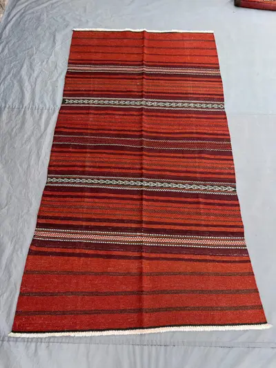3'10x7'6 Ft Vintage Afghan Tribal Kilim Flatweave | Red Rust Striped Banded | Handwoven Wool Minimalist Rug fo