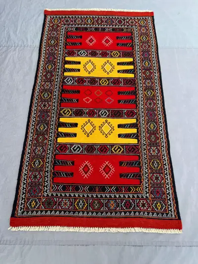3'3x5'10 Ft Vintage Afghan Kilim Handwoven Wool Flatweave Bold Stripe Comb Motif Vivid Red Yellow Black Multic