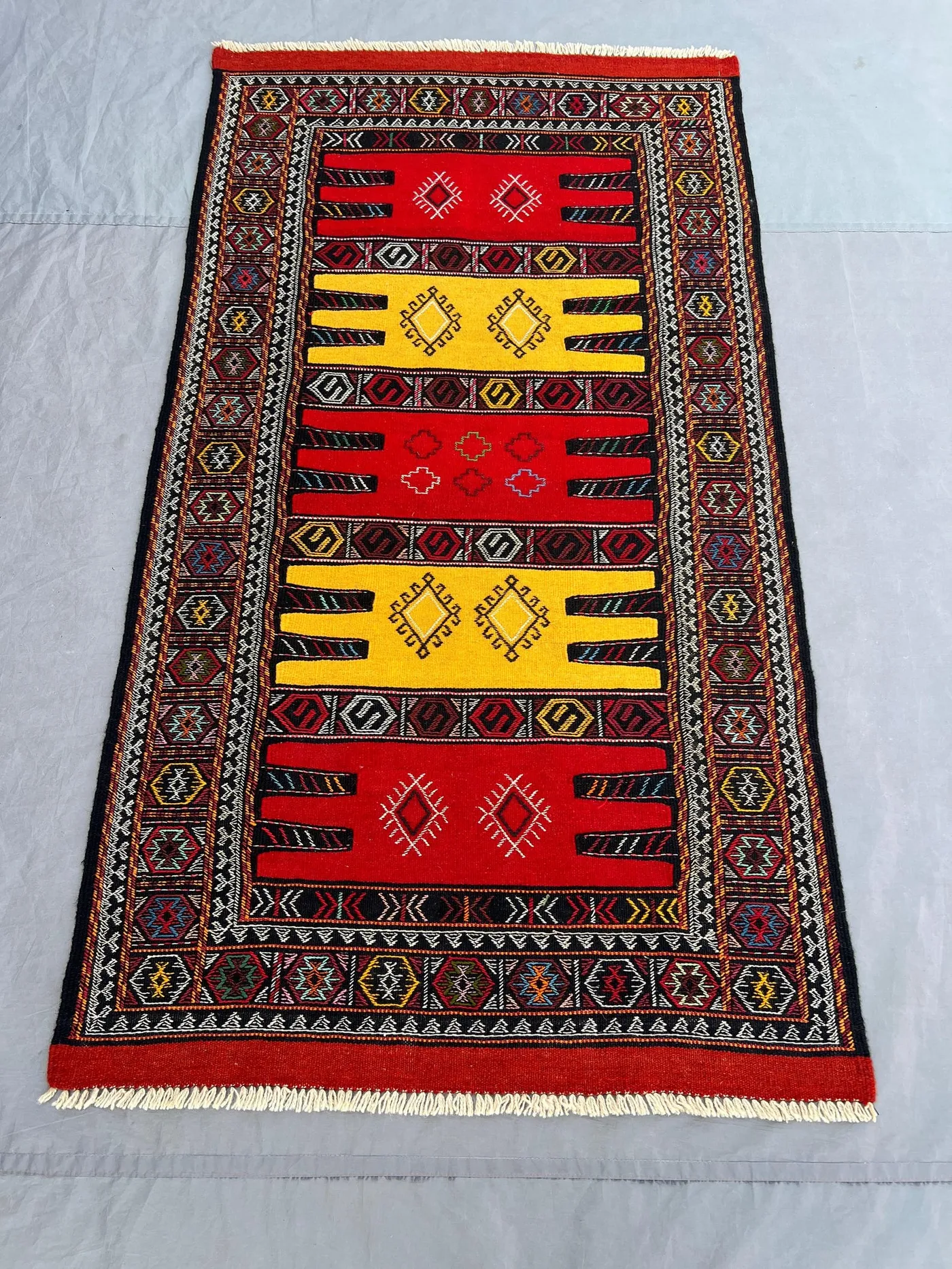 3'3x5'10 Ft Vintage Afghan Kilim Handwoven Wool Flatweave Bold Stripe Comb Motif Vivid Red Yellow Black Multicolor Area Rug | Living Room