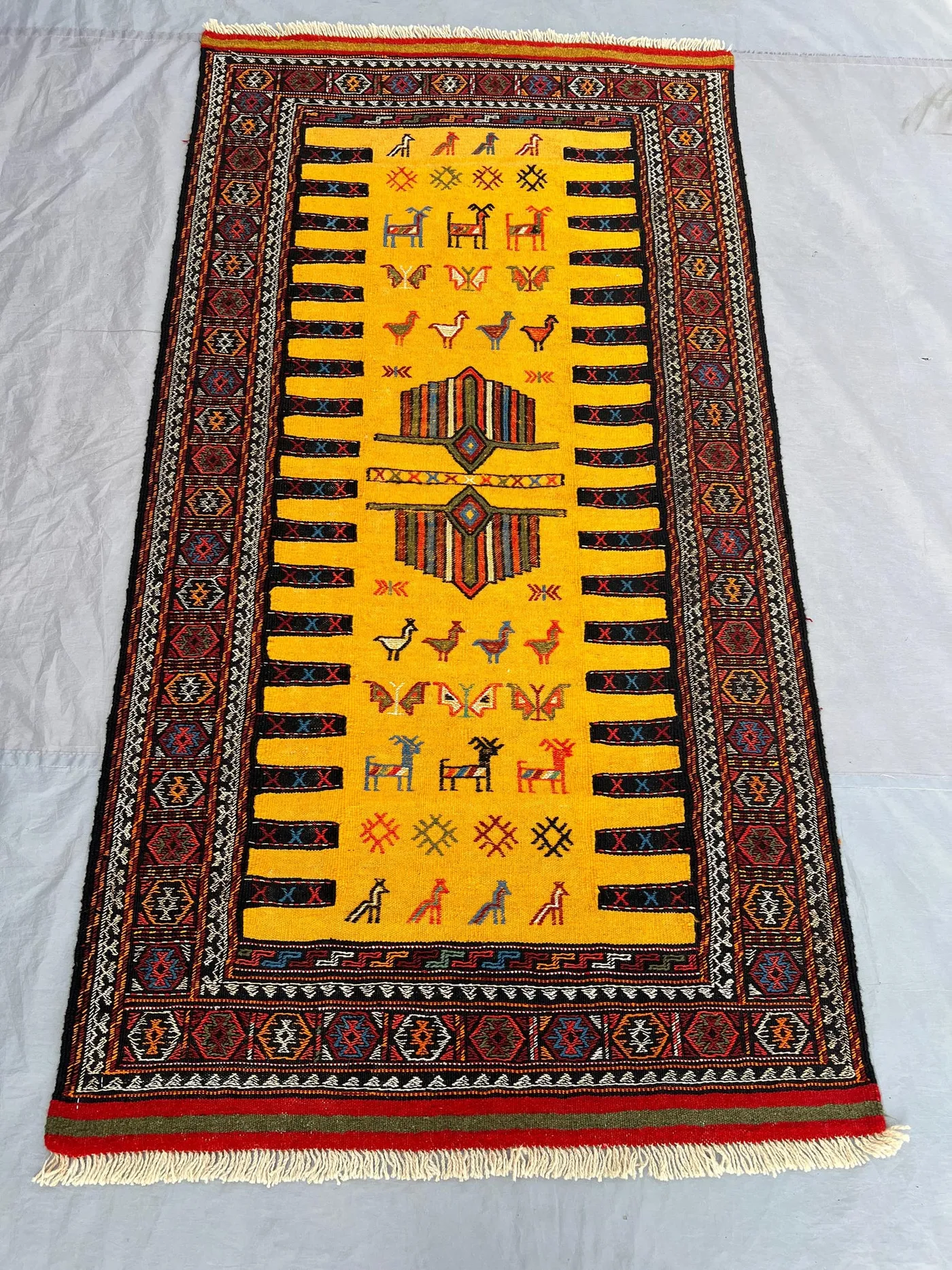 3'4x6'4 Vintage Afghan Baluchi Kilim Flatweave | Yellow Gold Figurative Animal Bird Butterfly Handwoven Wool Rug Living Room Bedroom Hallway