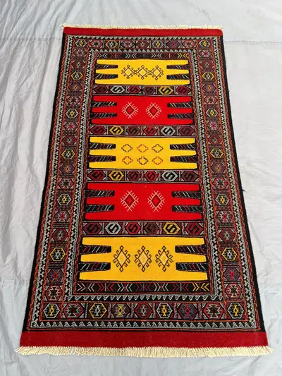3'3x5'10 ft Antique Afghan Baluchi Kilim Rug - Hand-Knotted with Geometric & Floral Patterns - Vibrant Red, Ye