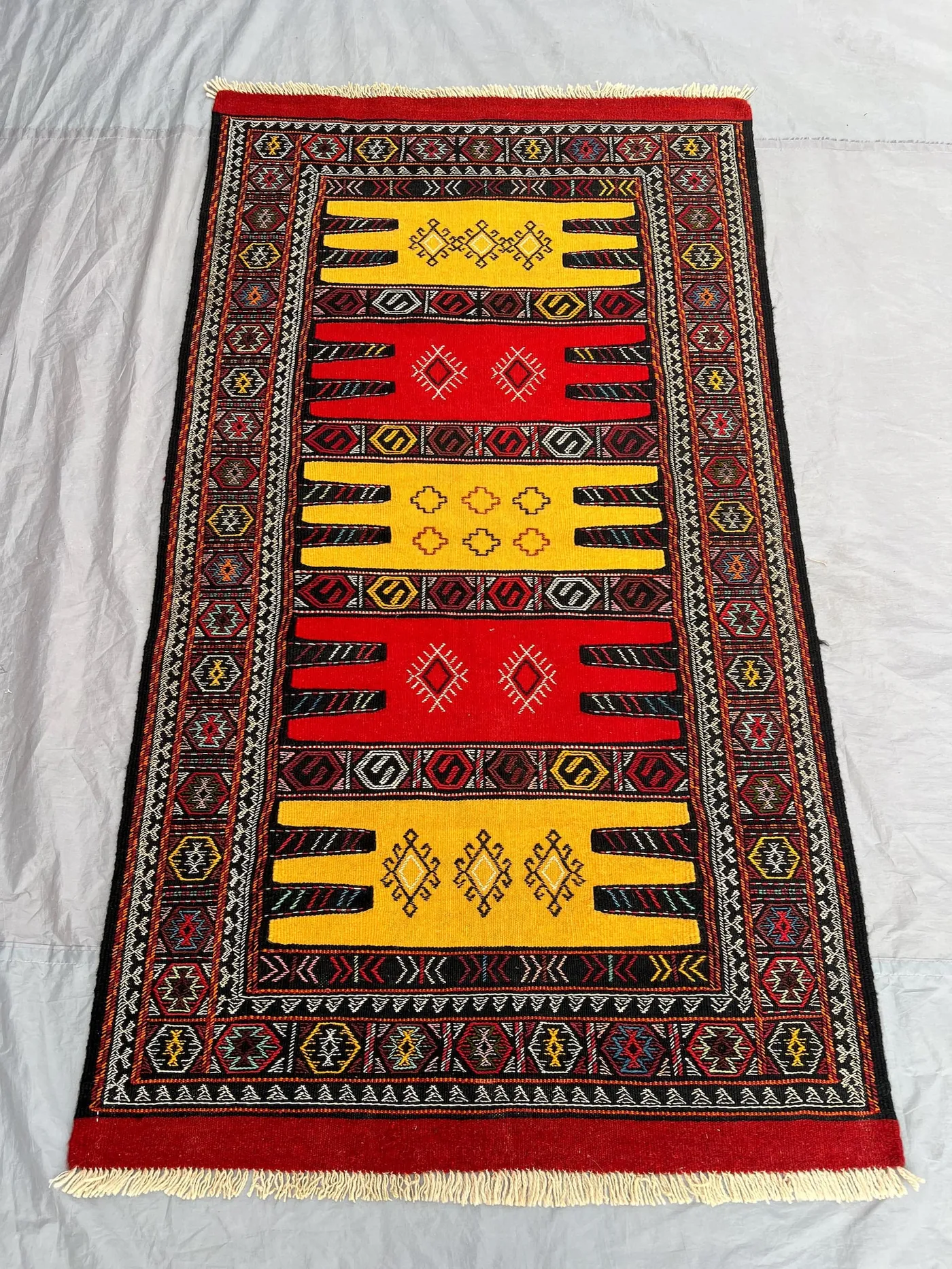 3'3x5'10 ft Antique Afghan Baluchi Kilim Rug - Hand-Knotted with Geometric & Floral Patterns - Vibrant Red, Yellow and Black Home Decor