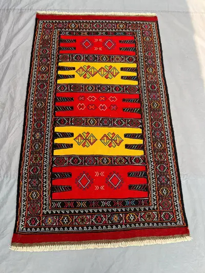 3'5x5'10 ft Antique Afghan Baluchi Kilim Rug - Handwoven Flatweave, Bold Red & Yellow Design with Geometric Pa