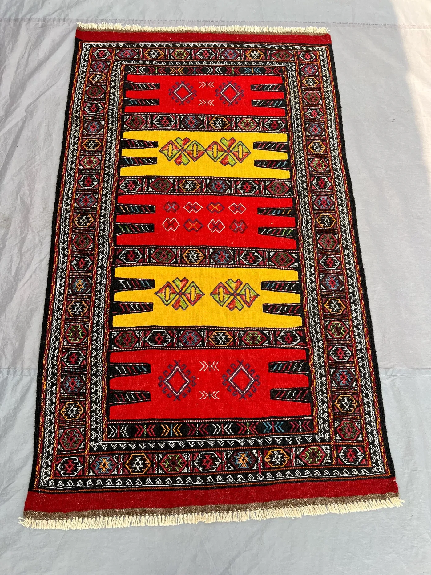 3'5x5'10 ft Antique Afghan Baluchi Kilim Rug - Handwoven Flatweave, Bold Red & Yellow Design with Geometric Patterns - Decorative Accent Rug