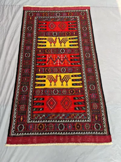 3'3x5'9 ft Antique Afghan Baluchi Kilim Rug - Handwoven Flatweave, Red, Yellow & Black Design - Geometric and 
