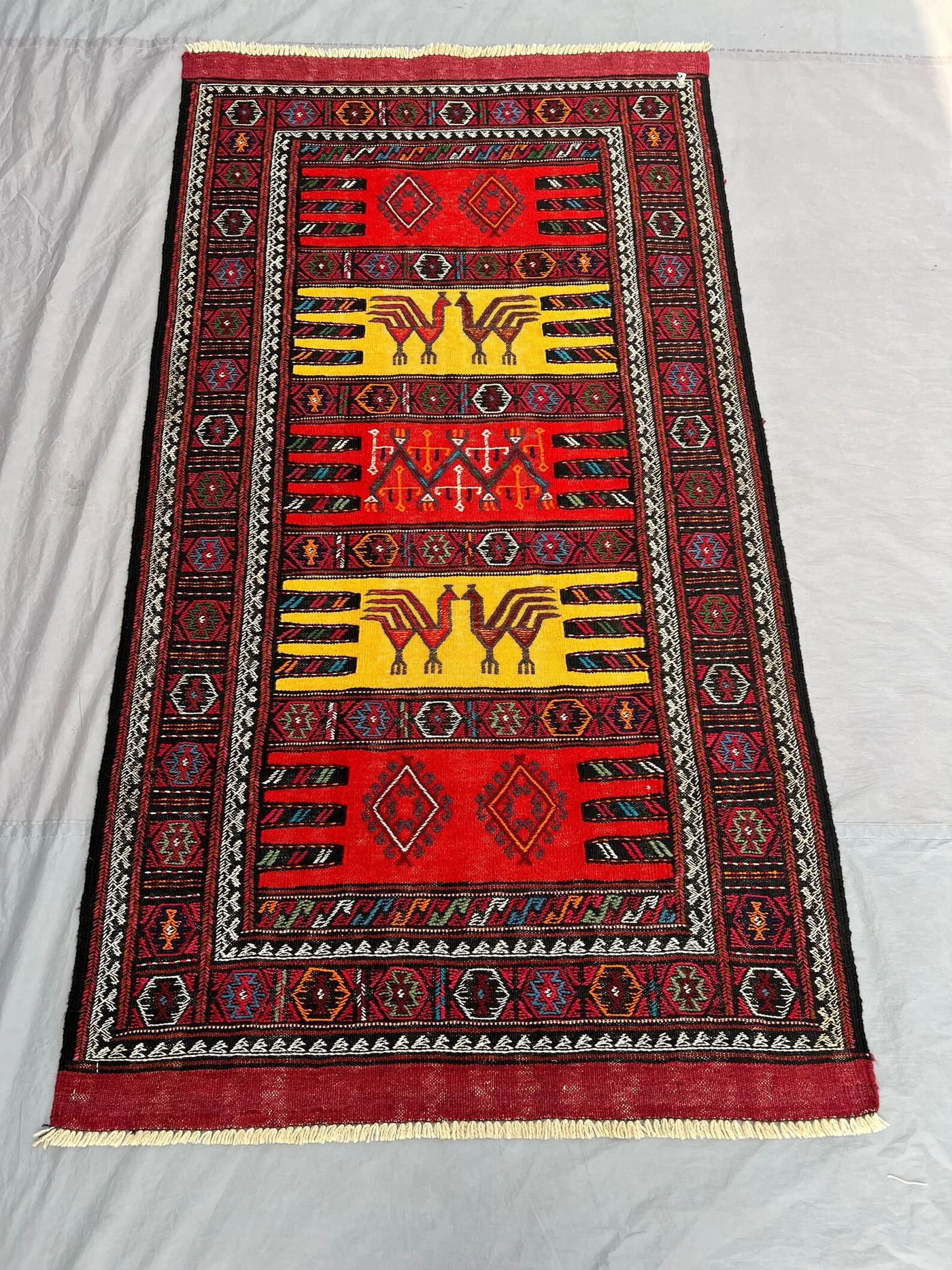 3'3x5'9 ft Antique Afghan Baluchi Kilim Rug - Handwoven Flatweave, Red, Yellow & Black Design - Geometric and Bird Motifs for Home Decor