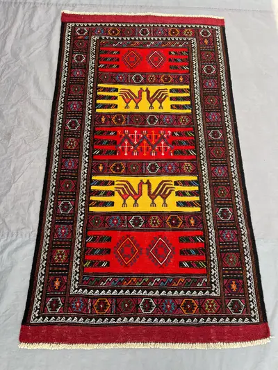 3'3 x 5'11 Ft Handmade Afghan Kilim Flatweave Rug – Vibrant Red & Yellow, Geometric Patterns, Traditional Wool