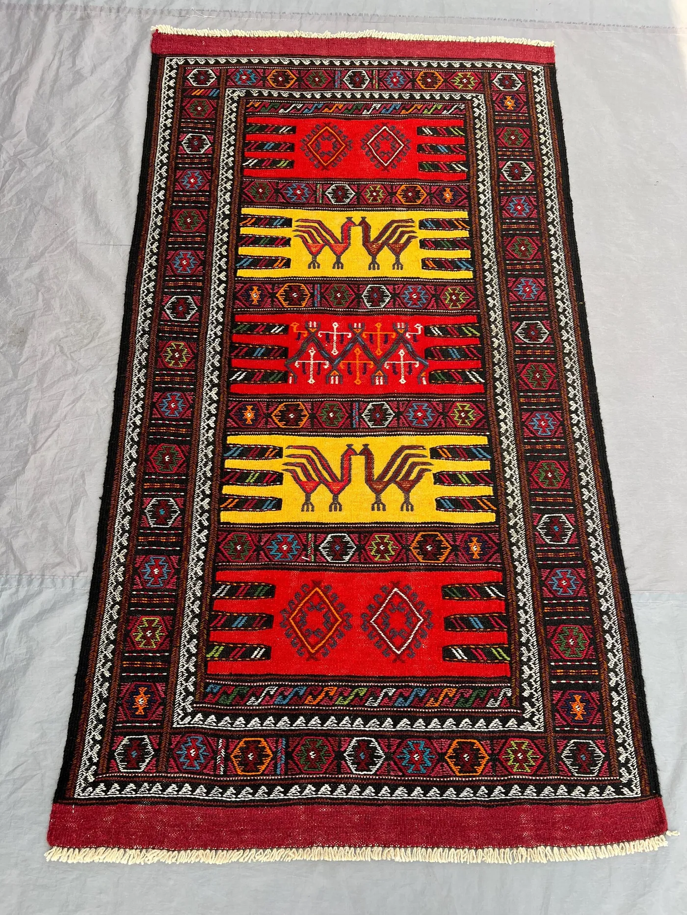 3'3 x 5'11 Ft Handmade Afghan Kilim Flatweave Rug – Vibrant Red & Yellow, Geometric Patterns, Traditional Wool  Living Room or Entryway