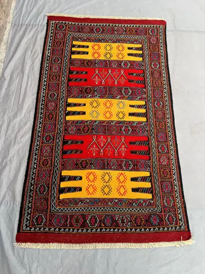 3'4x5'9 ft Antique Afghan Handknotted Kilim Rug - Bold Red & Yellow Geometric Design, Traditional Wool Flatwea