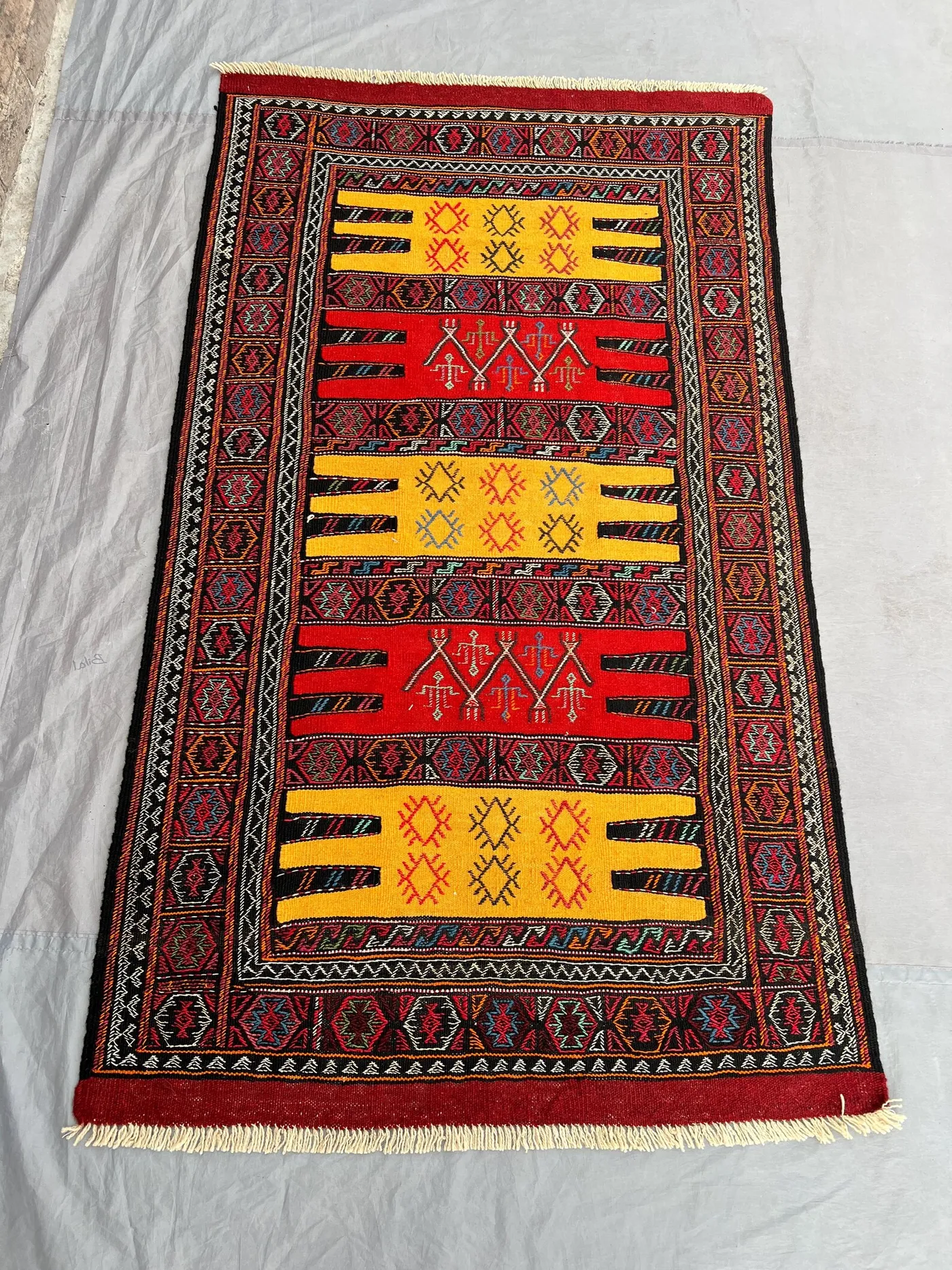 3'4x5'9 ft Antique Afghan Handknotted Kilim Rug - Bold Red & Yellow Geometric Design, Traditional Wool Flatweave, Decorative Accent Piece
