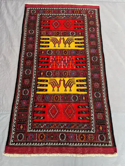 3'2x5'9 Ft Vintage Afghan Baluchi Kilim Flatweave | Red Gold Banded Rooster Bird Motif | Handwoven Wool Rug fo