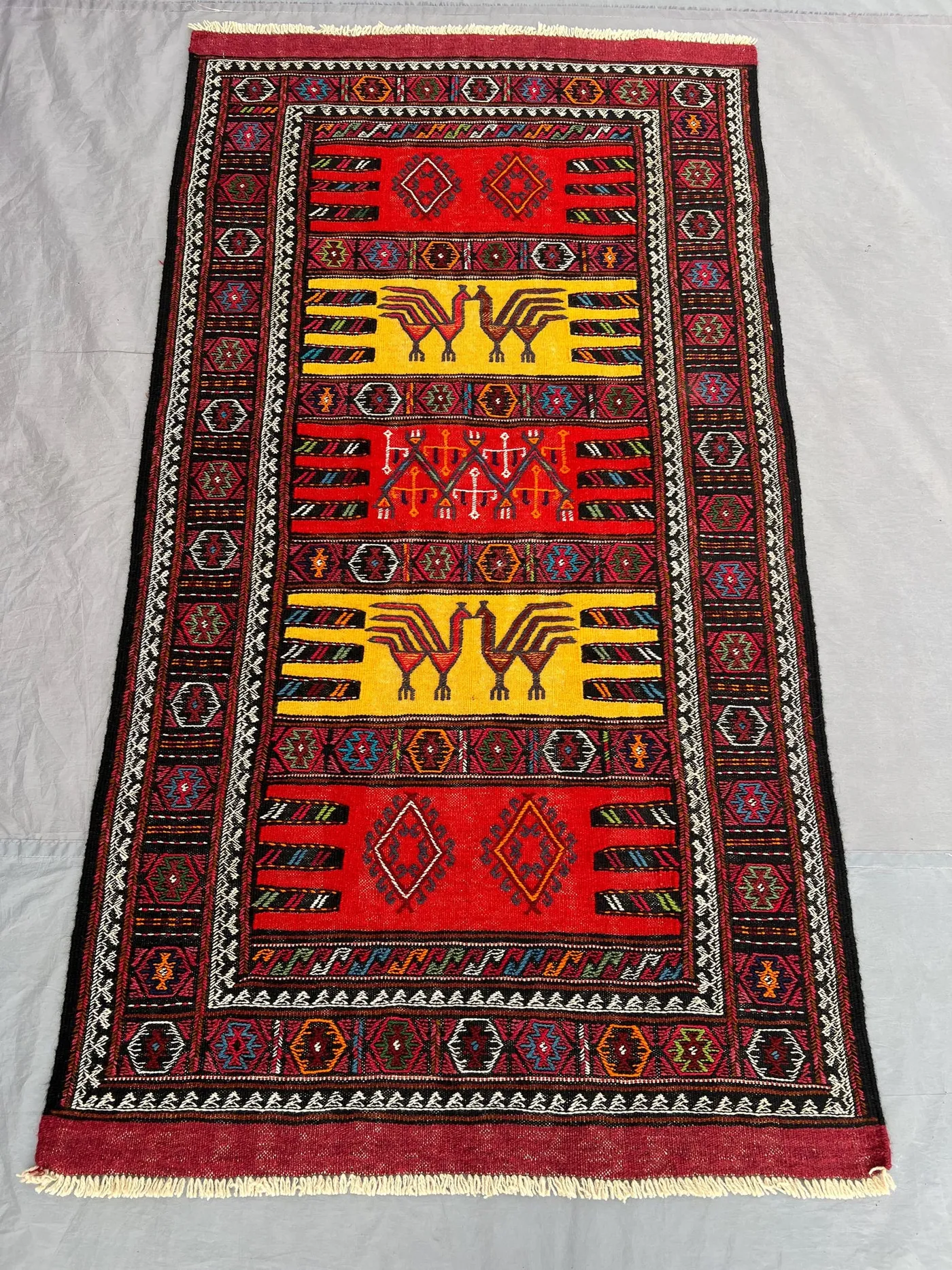 3'2x5'9 Ft Vintage Afghan Baluchi Kilim Flatweave | Red Gold Banded Rooster Bird Motif | Handwoven Wool Rug for Living Room Bedroom Hallway