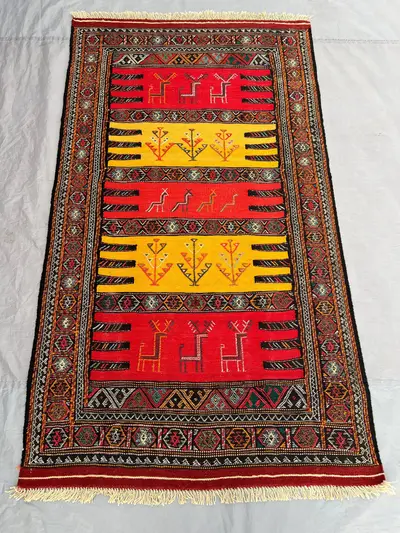 3'5x6'1 Ft Vintage Afghan Baluchi Kilim Flatweave | Red Gold Tree & Animal Motif | Handwoven Wool Tribal Rug f