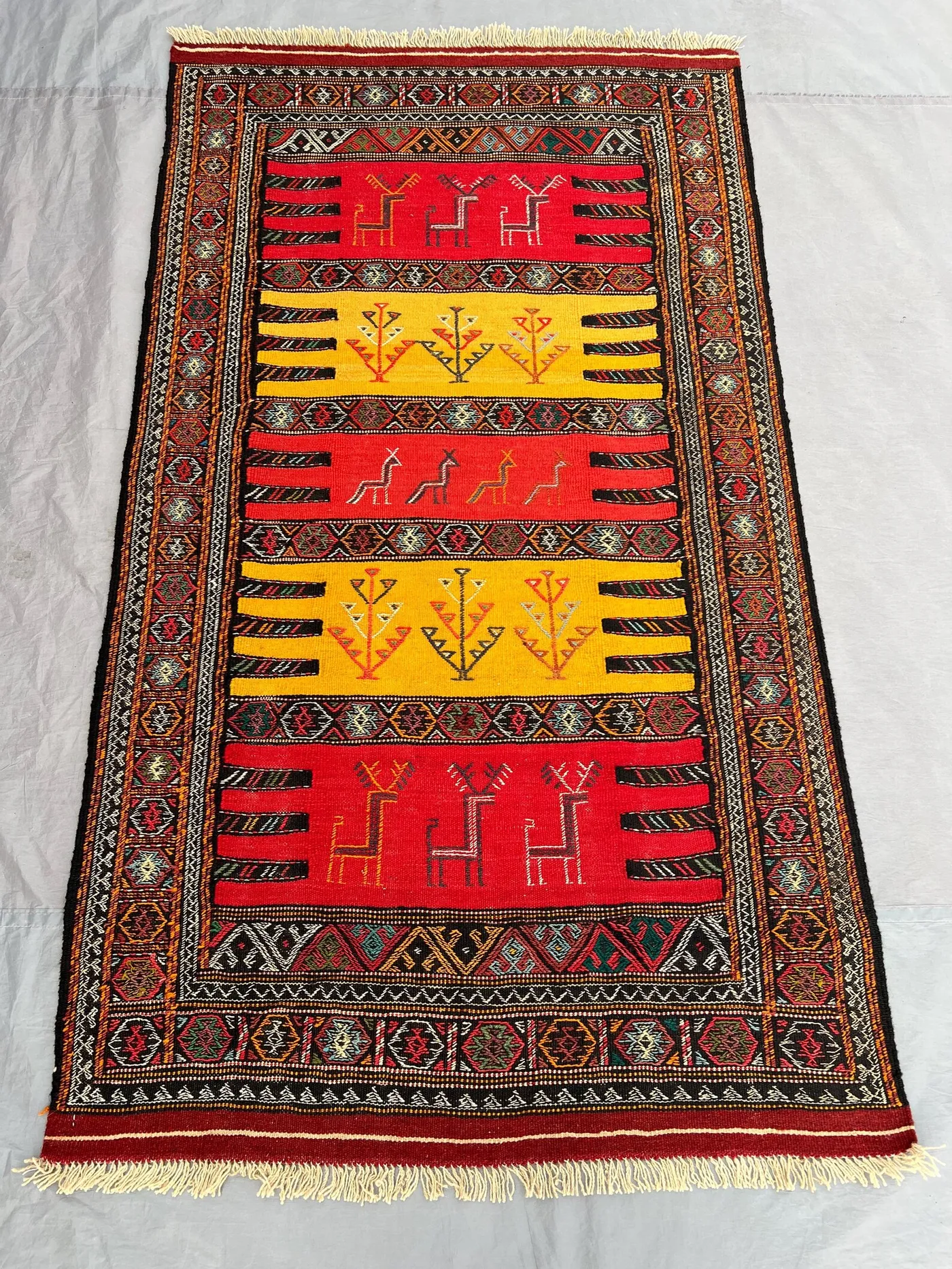 3'5x6'1 Ft Vintage Afghan Baluchi Kilim Flatweave | Red Gold Tree & Animal Motif | Handwoven Wool Tribal Rug for Living Room Hallway Bedroom