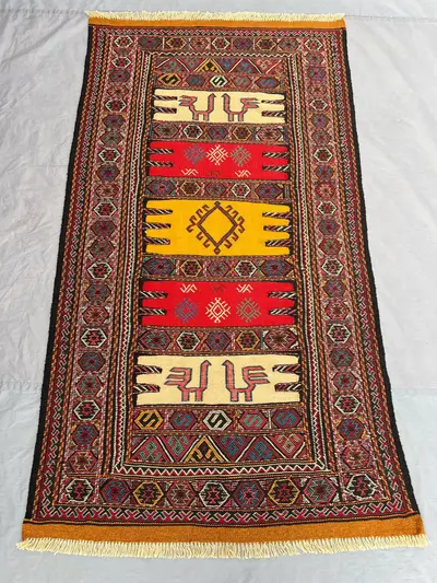 3'3x5'11 Ft Vintage Afghan Baluchi Kilim Flatweave | Red Gold Ivory Banded Animal Motif | Handwoven Wool Rug f