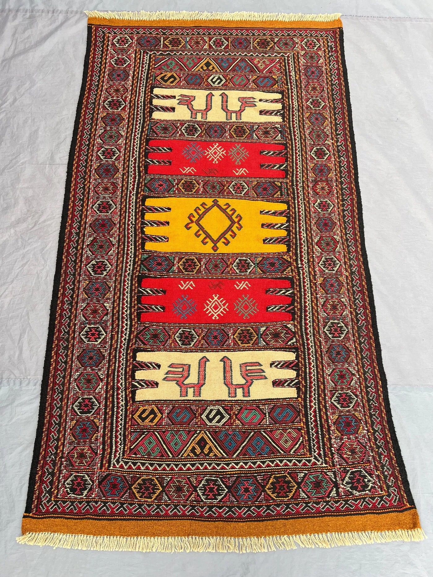 3'3x5'11 Ft Vintage Afghan Baluchi Kilim Flatweave | Red Gold Ivory Banded Animal Motif | Handwoven Wool Rug for Living Room Hallway Bedroom