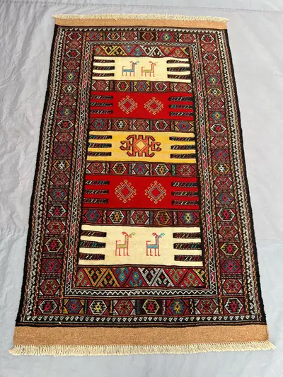 3'5x5'10 Ft Vintage Afghan Baluchi Kilim Flatweave | Ivory Red Gold Banded Animal Motif | Handwoven Wool Rug f