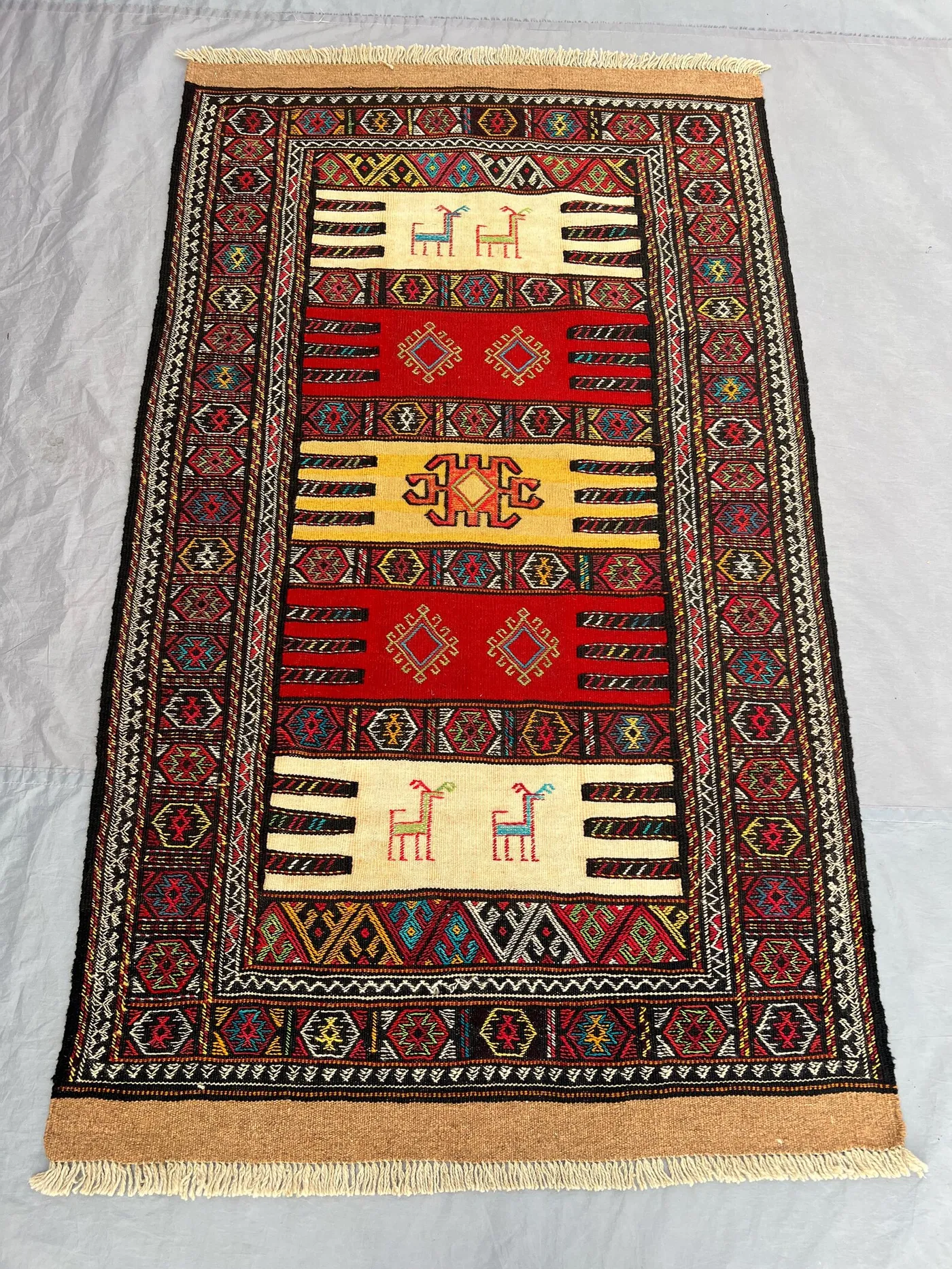 3'5x5'10 Ft Vintage Afghan Baluchi Kilim Flatweave | Ivory Red Gold Banded Animal Motif | Handwoven Wool Rug for Living Room Bedroom Hallway