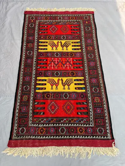 3'2x5'8 Ft Vintage Afghan Baluchi Kilim Flatweave | Red Gold Banded Animal Motif | Handwoven Wool Tribal Rug f