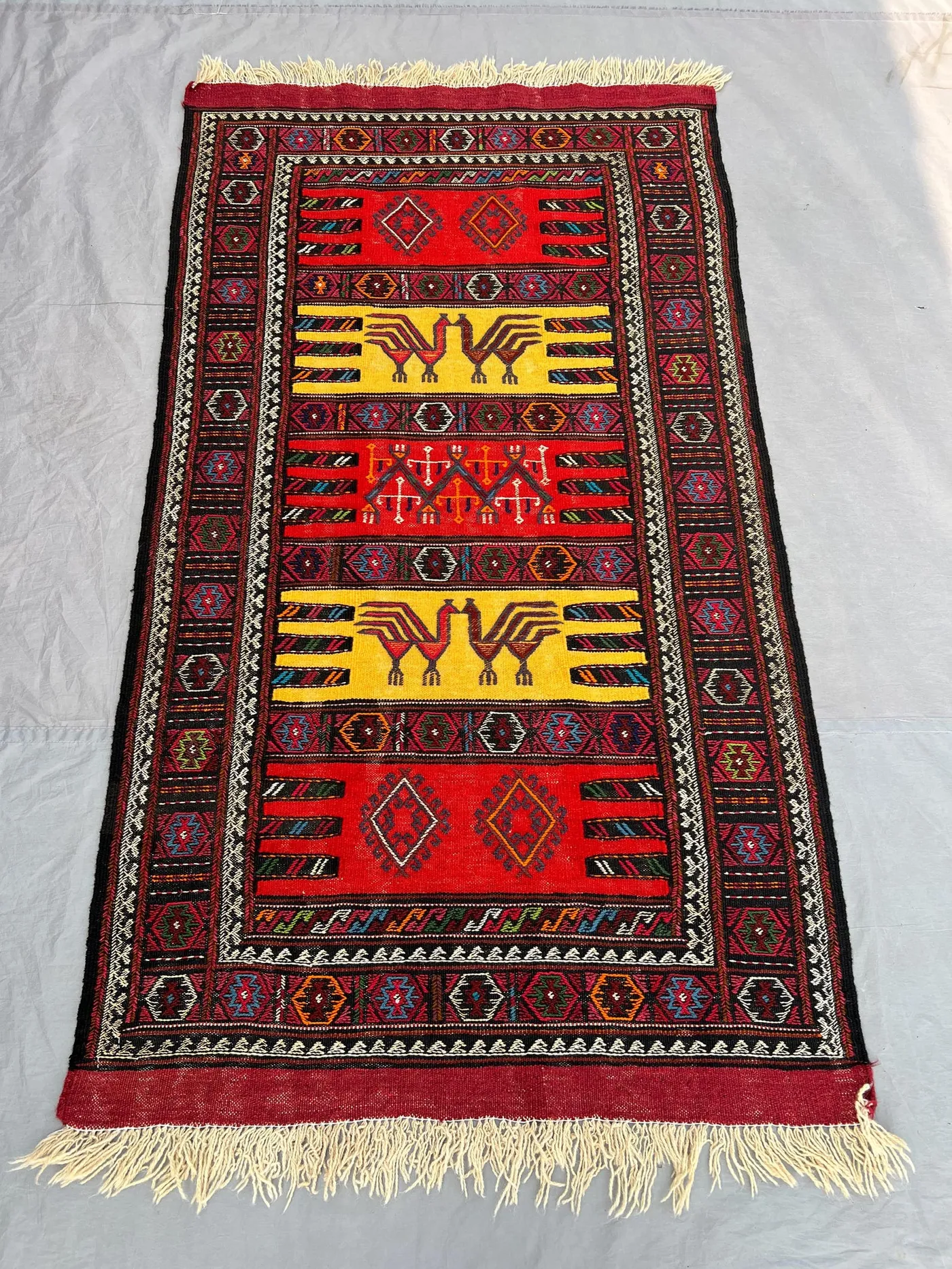 3'2x5'8 Ft Vintage Afghan Baluchi Kilim Flatweave | Red Gold Banded Animal Motif | Handwoven Wool Tribal Rug for Living Room Hallway Bedroom