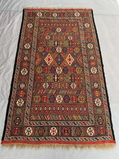 3'9x6'5 Ft Vintage Afghan Caucasian Kilim Flatweave | Multicolor Banded Geometric |Handwoven Wool Tribal Rug f