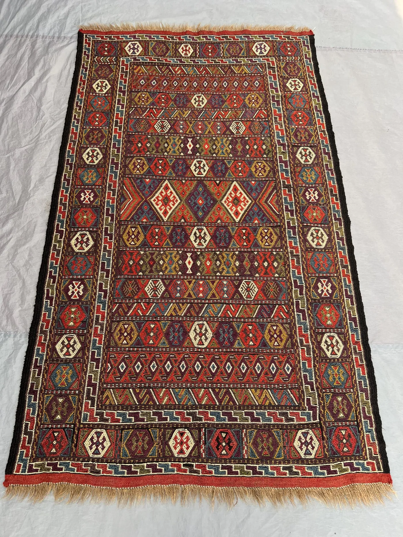 3'9x6'5 Ft Vintage Afghan Caucasian Kilim Flatweave | Multicolor Banded Geometric |Handwoven Wool Tribal Rug for Living Room Hallway Bedroom