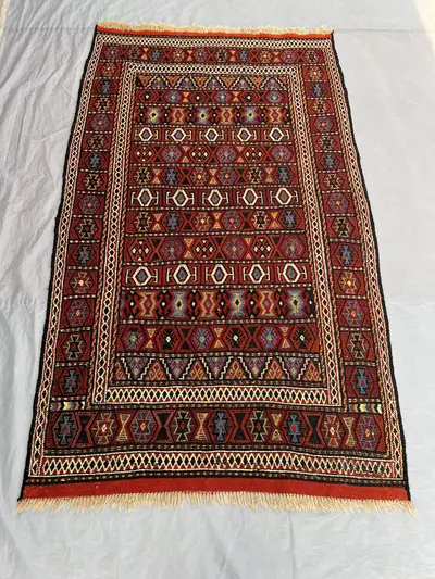 4'x6'8 Ft Handmade Afghan Kilim Flatweave  – Bold Red & Black with Geometric Patterns, Wool, Traditional Desig