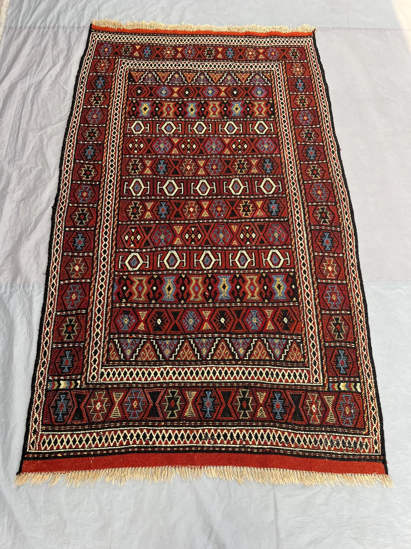 4'x6'8 Ft Handmade Afghan Kilim Flatweave – Bold Red & Black with Geometric Patterns, Wool, Traditional Design for Living Room, Bedroom