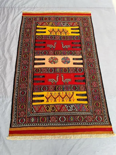3'6 x 5'9 Ft Handmade Afghan Kilim Flatweave Rug – Vibrant Red & Yellow, Geometric Patterns, Traditional Wool 