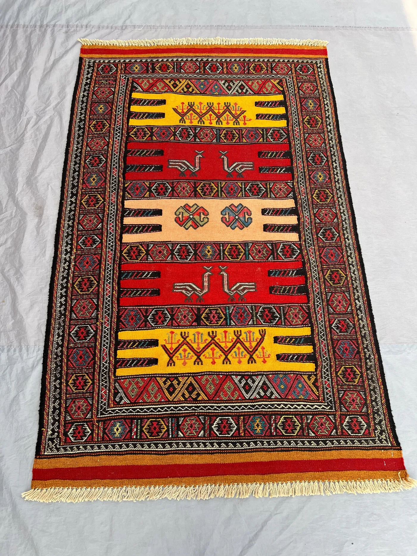3'6 x 5'9 Ft Handmade Afghan Kilim Flatweave Rug – Vibrant Red & Yellow, Geometric Patterns, Traditional Wool  Living Room or Entryway