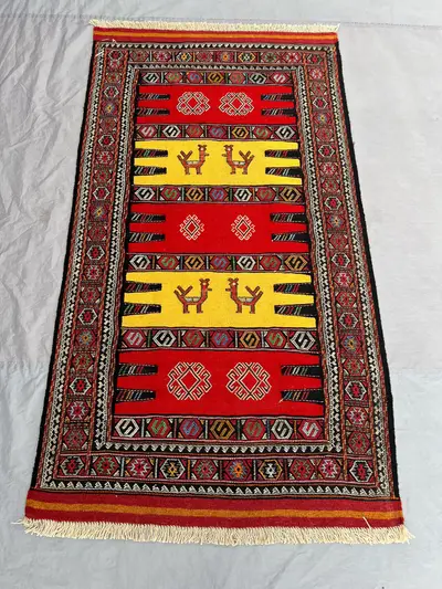 3'3 x 5'11 Ft Handmade Afghan Kilim Flatweave Rug – Vibrant Red & Yellow, Geometric Patterns, Traditional Wool