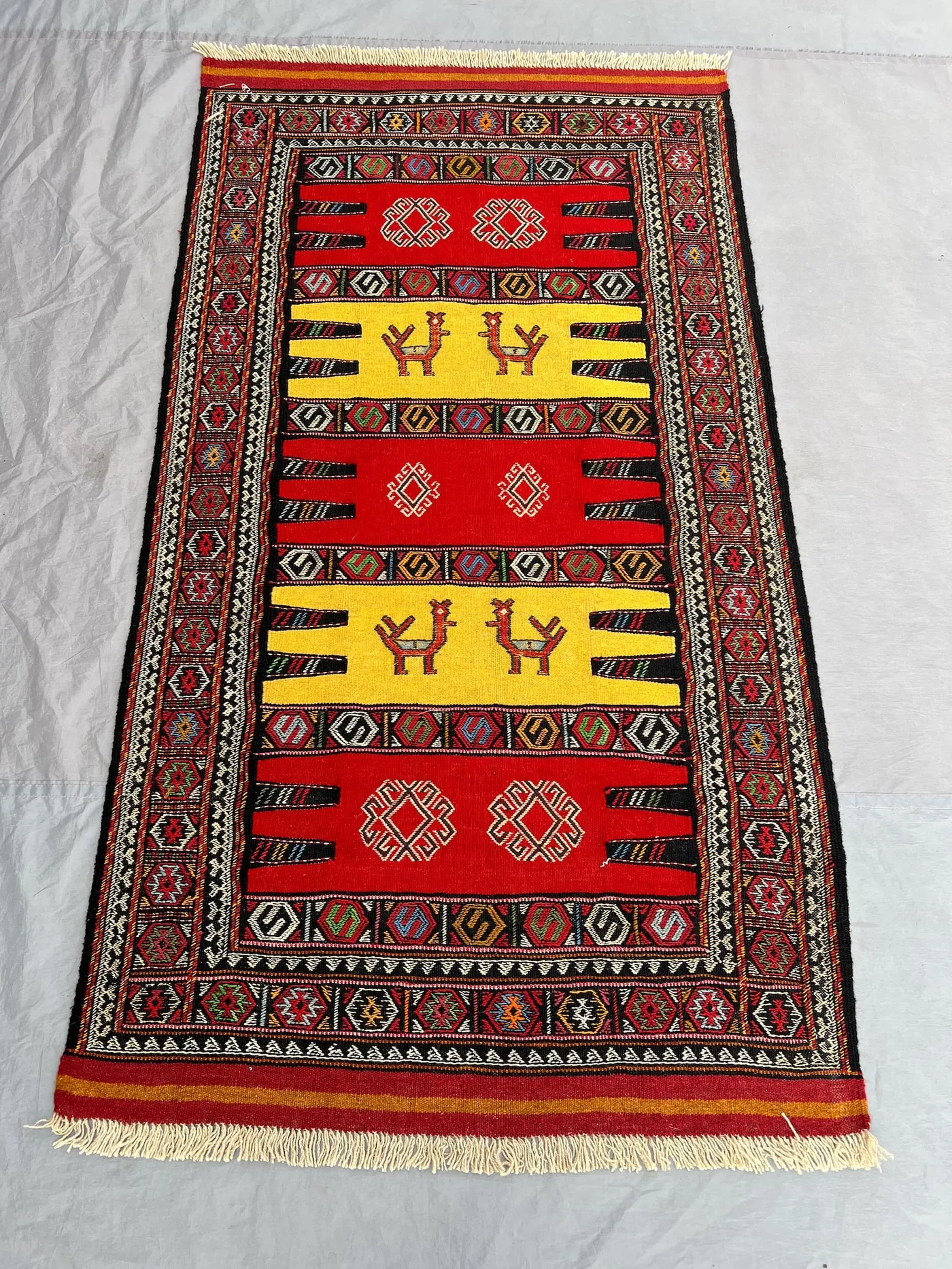 3'3 x 5'11 Ft Handmade Afghan Kilim Flatweave Rug – Vibrant Red & Yellow, Geometric Patterns, Traditional Wool  Living Room or Entryway