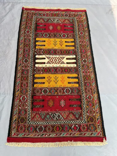 3'3x6 Ft Vintage Afghan Baluchi Kilim Flatweave | Red Gold Ivory Banded Tree Motif | Handwoven Wool Tribal Rug