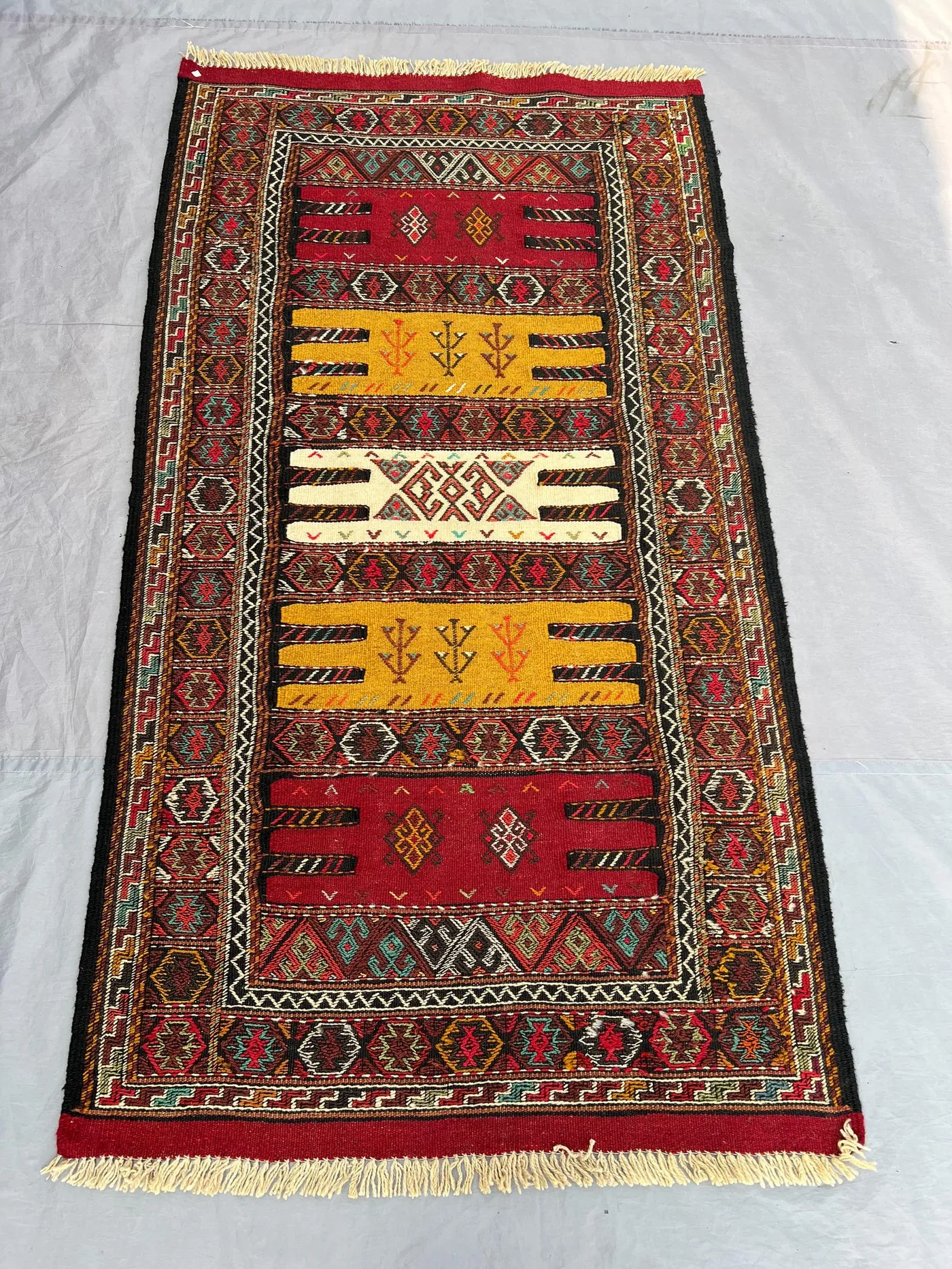 3'3x6 Ft Vintage Afghan Baluchi Kilim Flatweave | Red Gold Ivory Banded Tree Motif | Handwoven Wool Tribal Rug  Living Room Bedroom Hallway