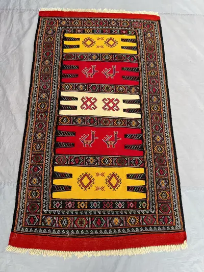 3'3x5'10 Ft Vintage Afghan Baluchi Kilim Flatweave | Red Gold Ivory Banded Animal Bird Motif |Handwoven Wool R