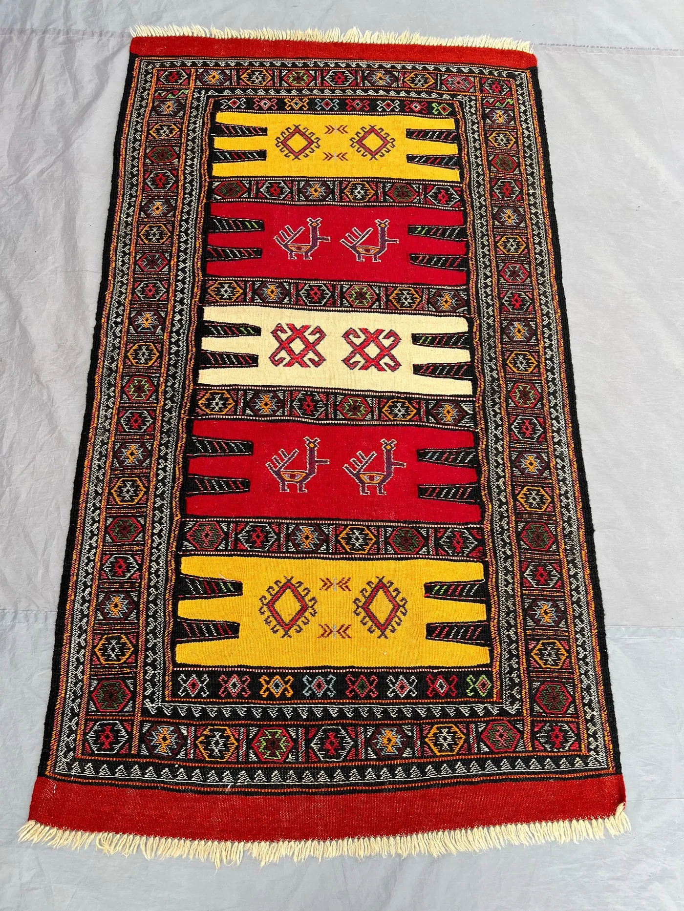 3'3x5'10 Ft Vintage Afghan Baluchi Kilim Flatweave | Red Gold Ivory Banded Animal Bird Motif |Handwoven Wool Rug Living Room Bedroom Hallway