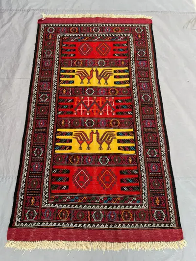 3'3x5'8 Ft Vintage Afghan Baluchi Kilim Flatweave | Red Gold Ivory Banded Animal Bird Motif |Handwoven Wool Ru