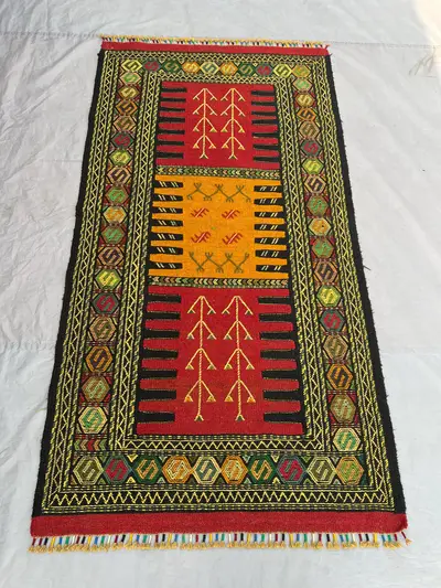 3'4x6'4 Vintage Afghan Baluchi Kilim Flatweave | Red Orange Black Banded Tree Motif | Handwoven Wool Tribal Ru