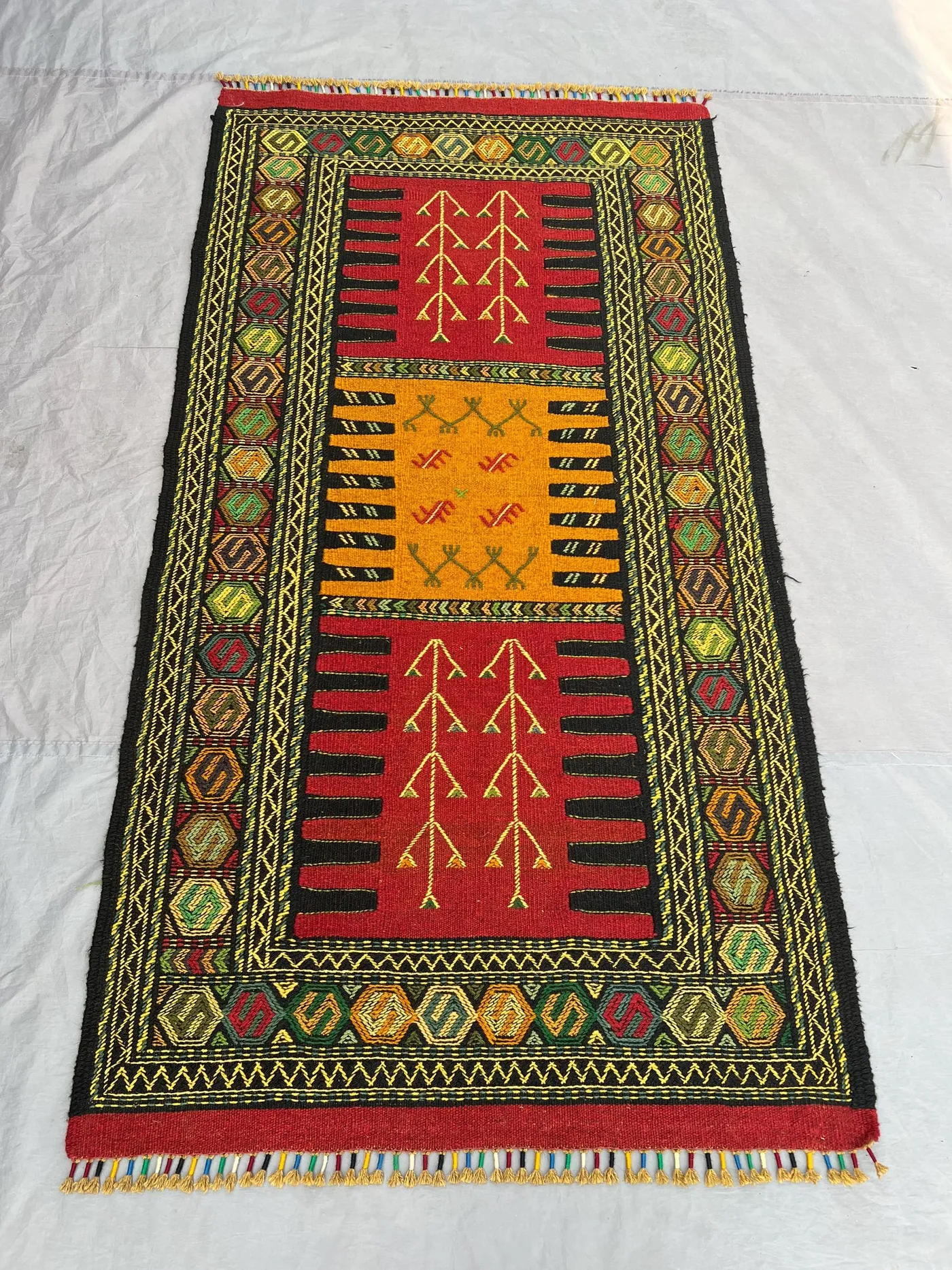 3'4x6'4 Vintage Afghan Baluchi Kilim Flatweave | Red Orange Black Banded Tree Motif | Handwoven Wool Tribal Rug Living Room Bedroom Hallway