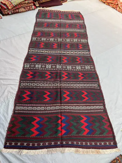 4'4x11'11 Antique Afghan Kilim Runner | Flat Weave Wool Hallway Runner | Dark Red Green Zigzag Stripe Kilim Ru
