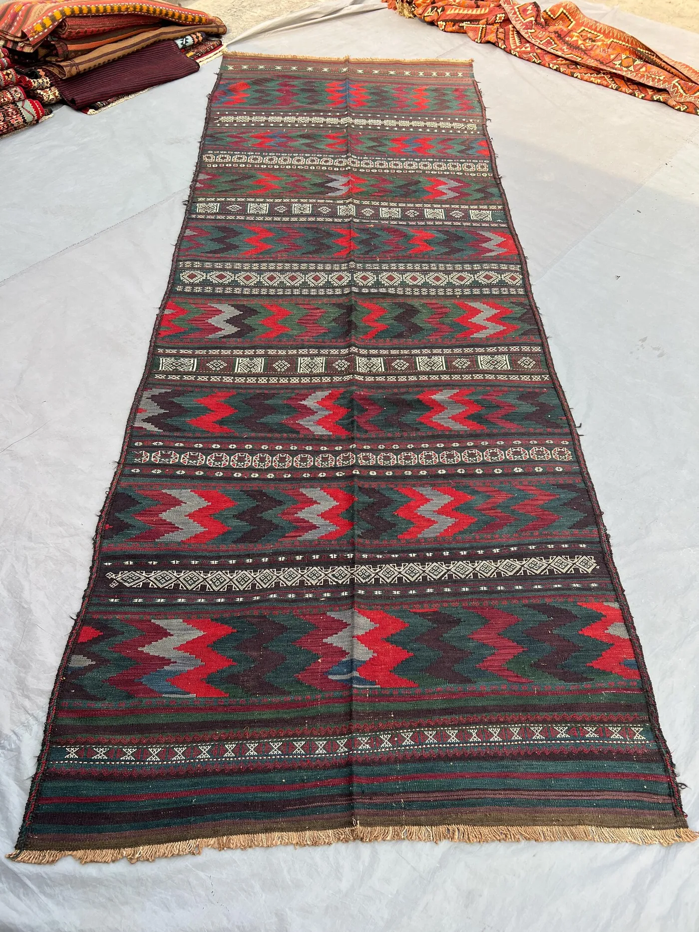 4'8x12'7 Antique Afghan Kilim Runner | Flat Weave Wool Hallway Runner | Dark Green Red Zigzag Stripe Kilim Runner Bohemian Staircase Runner