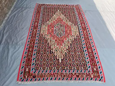 5x8 Ft Vintage Afghan Kilim Handwoven Wool Flatweave Central Ivory Spine Boteh Red Navy Pink Multicolor Area R