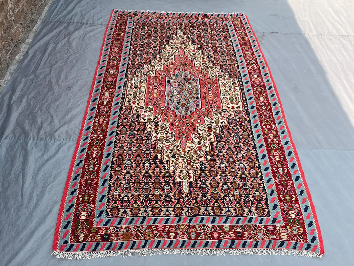 5x8 Ft Vintage Afghan Kilim Handwoven Wool Flatweave Central Ivory Spine Boteh Red Navy Pink Multicolor Area Rug | Living Room Bedroom Decor