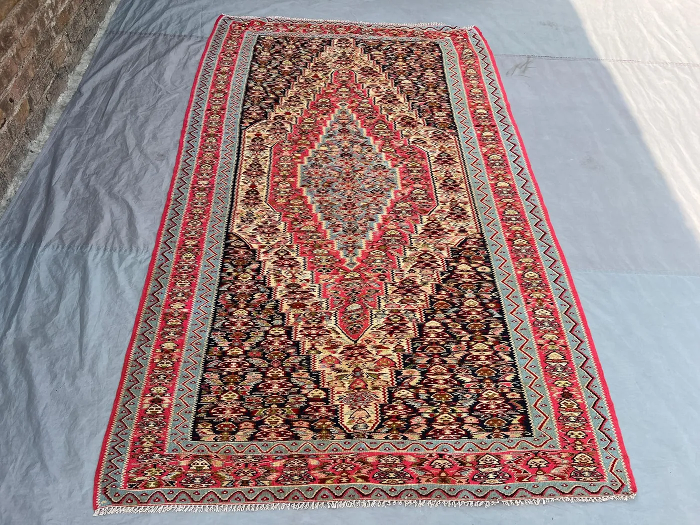 5x8'3 Vintage Afghan Kilim Handwoven Wool Flatweave Diamond Stepped Medallion Hot Pink Navy Ivory Multicolor Area Rug | Living Room Bedroom