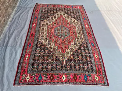 5x7'11 Vintage Afghan Tribal Kilim Handwoven Wool Flatweave Diamond Medallion Hot Pink Navy Multicolor Area Ru